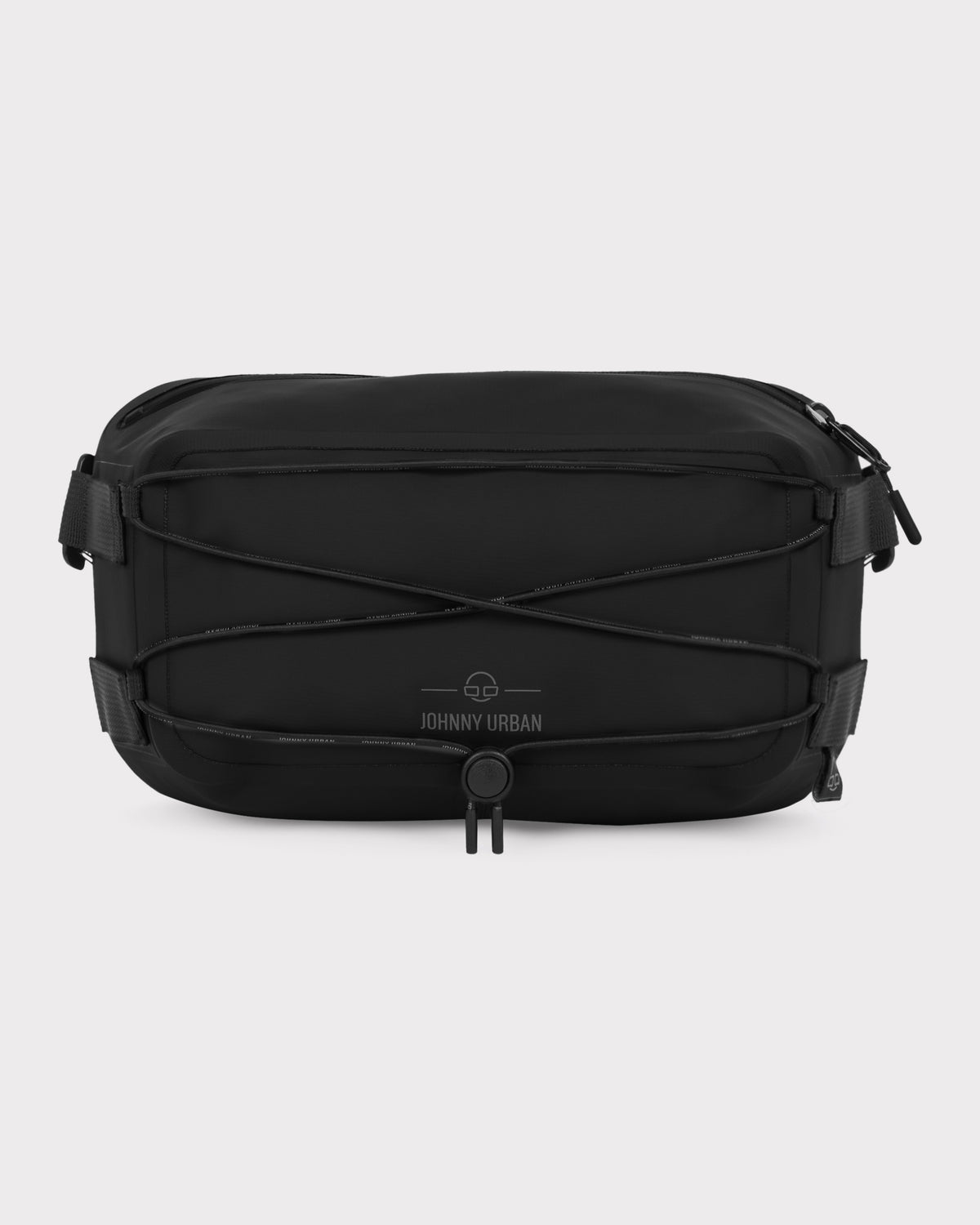 Schwarze, wasserdichte Lenkertasche 'Arlo' von Johnny Urban mit einem elastischen Kreuzband vorne