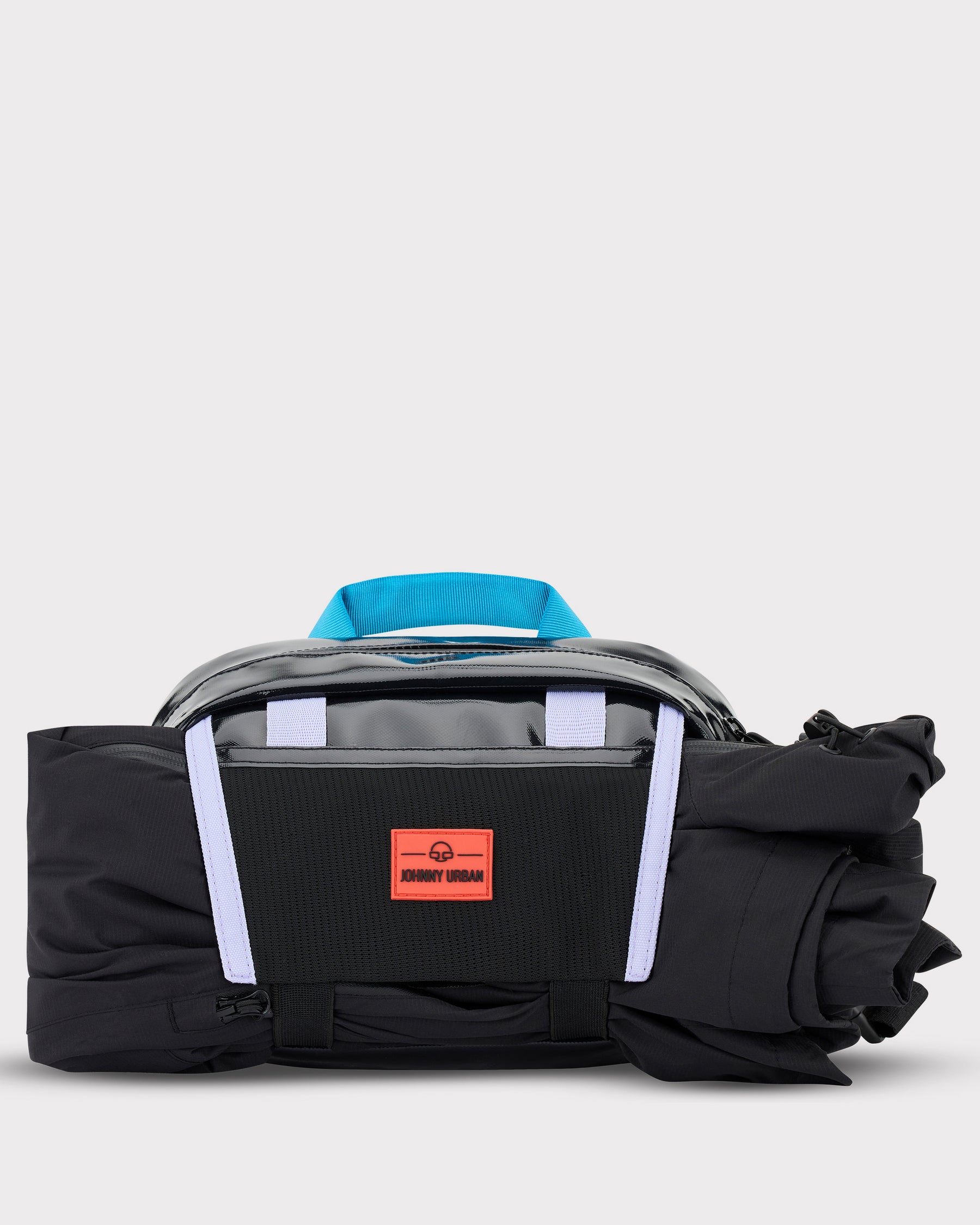 Schwarze Johnny Urban Lenkertasche Fahrrad Nelson mit blauem Griff und reflektierenden Bändern