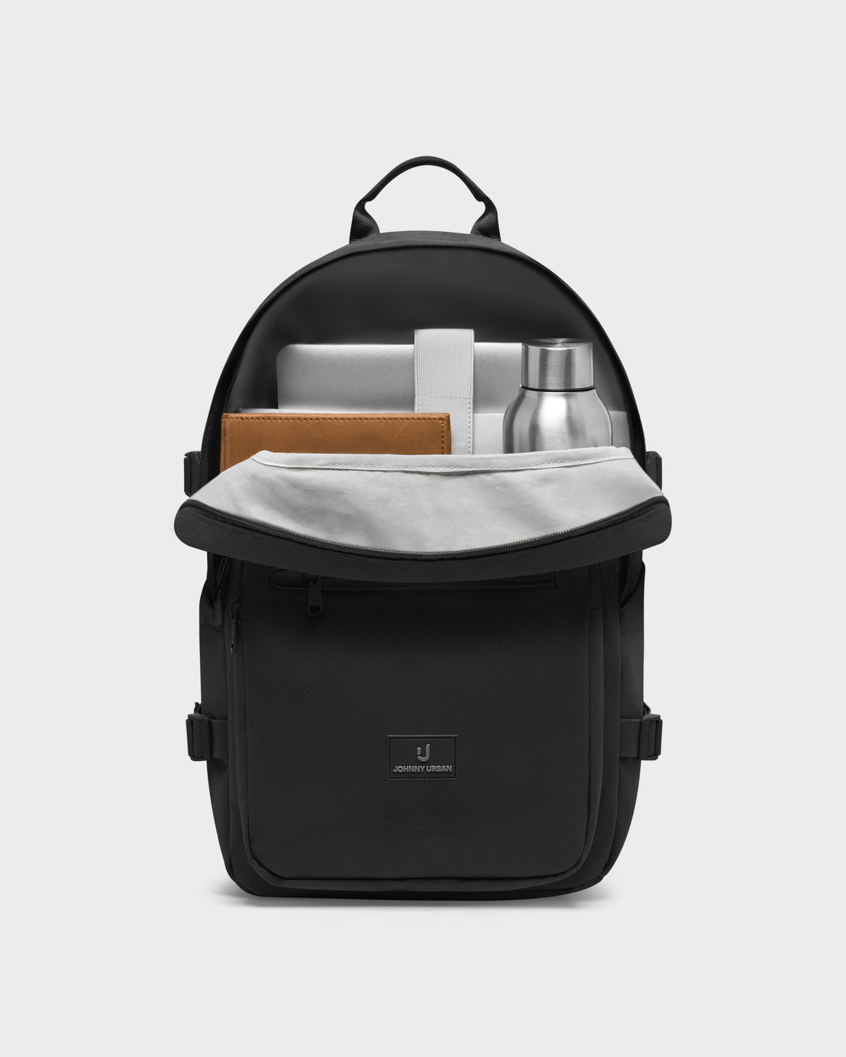 Schwarzer Johnny Urban Rucksack 'Lian' mit Laptopfach, braunem Notizbuch und Edelstahlflasche