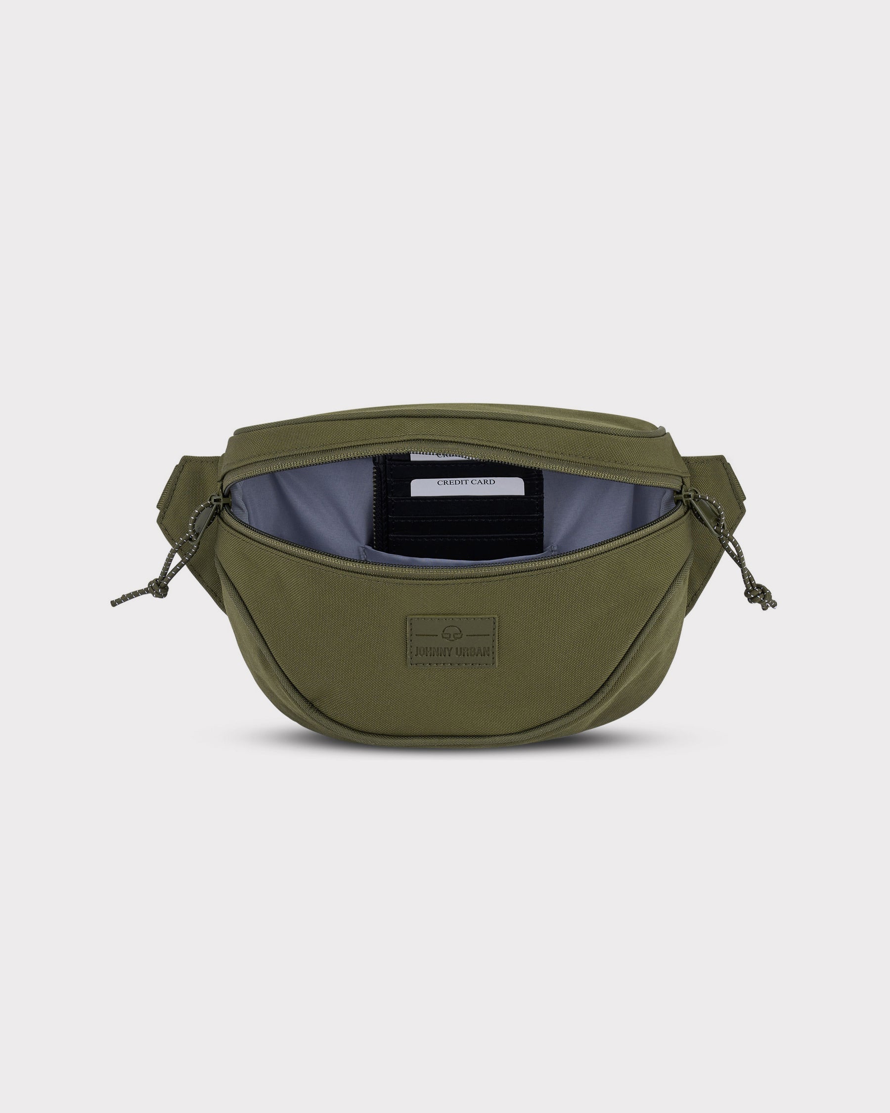 Olivegrüne Bauchtasche 'Ben' von Johnny Urban mit geöffnetem Hauptfach und Innenfach für Kreditkarten