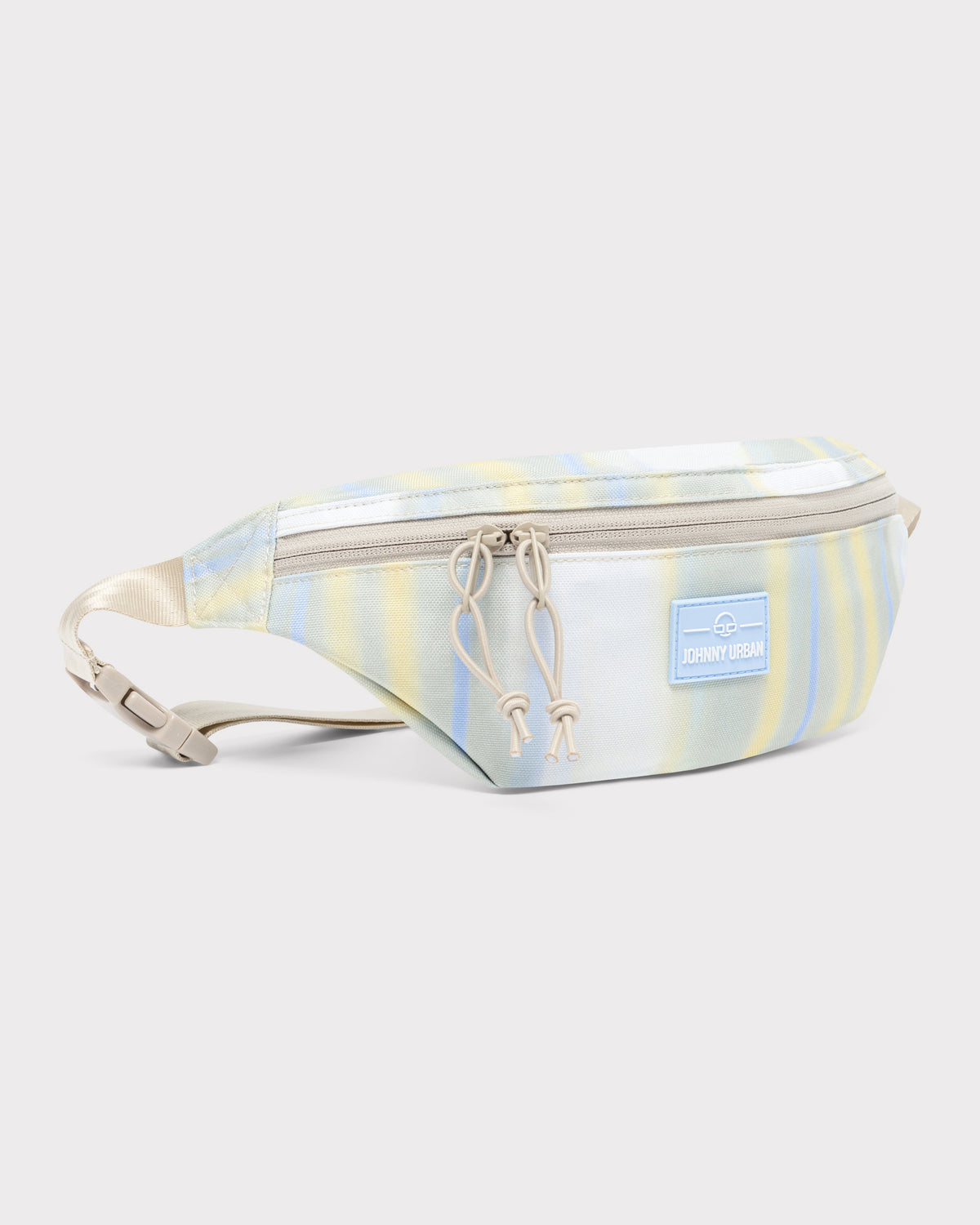Bauchtasche 'Erik Small' von Johnny Urban in sandfarben mit pastellgelben und blauen Streifen und Reißverschluss mit zwei Zippergriffen