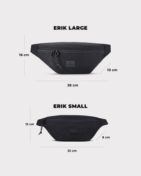 Schwarze Johnny Urban Bauchtasche 'Erik Large' mit Maßen 38x16x10 cm und kleinere 'Erik Small' mit 32x12x8 cm