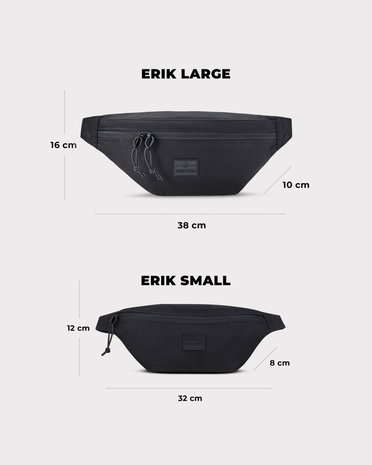 Johnny Urban Bauchtasche 'Erik Large' mit 38x16x10 cm und kleinere 'Erik Small' mit 32x12x8 cm, beide schwarz