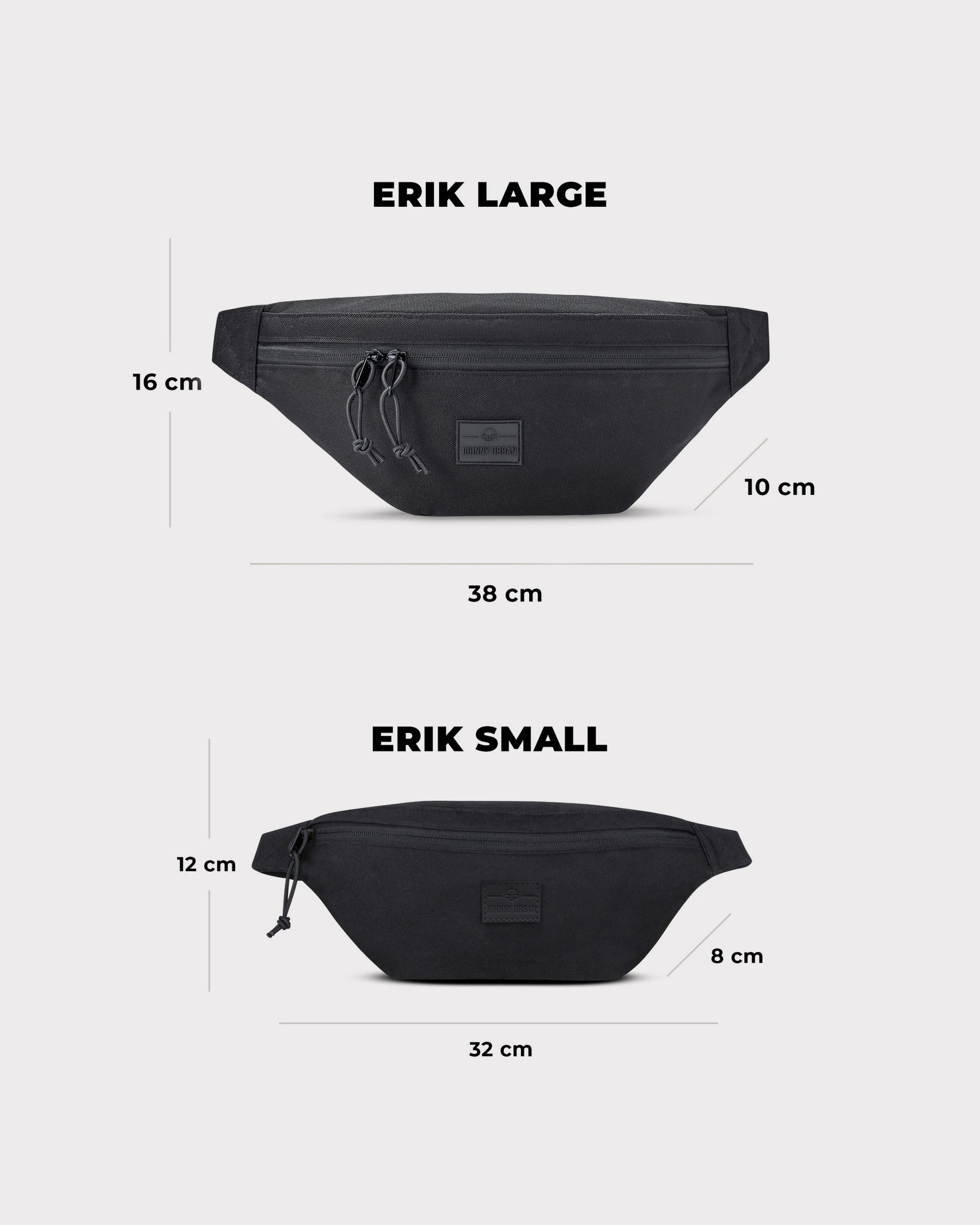 Johnny Urban Bauchtasche 'Erik Large' mit 38x16x10 cm und kleinere 'Erik Small' mit 32x12x8 cm, beide schwarz