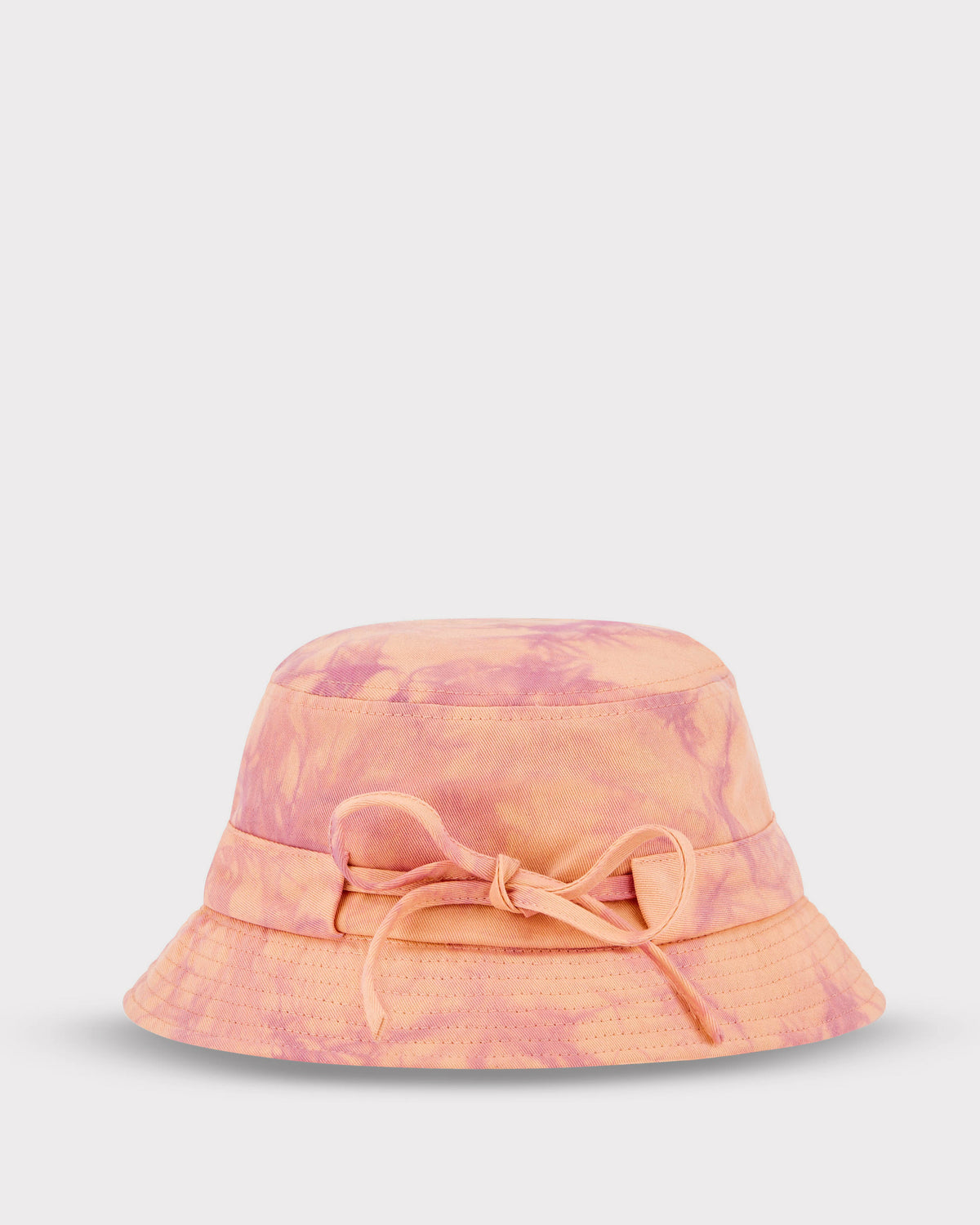 Pastellorange-lila Batik-Bucket-Hat 'Gill' mit Schleife aus Baumwollstoff