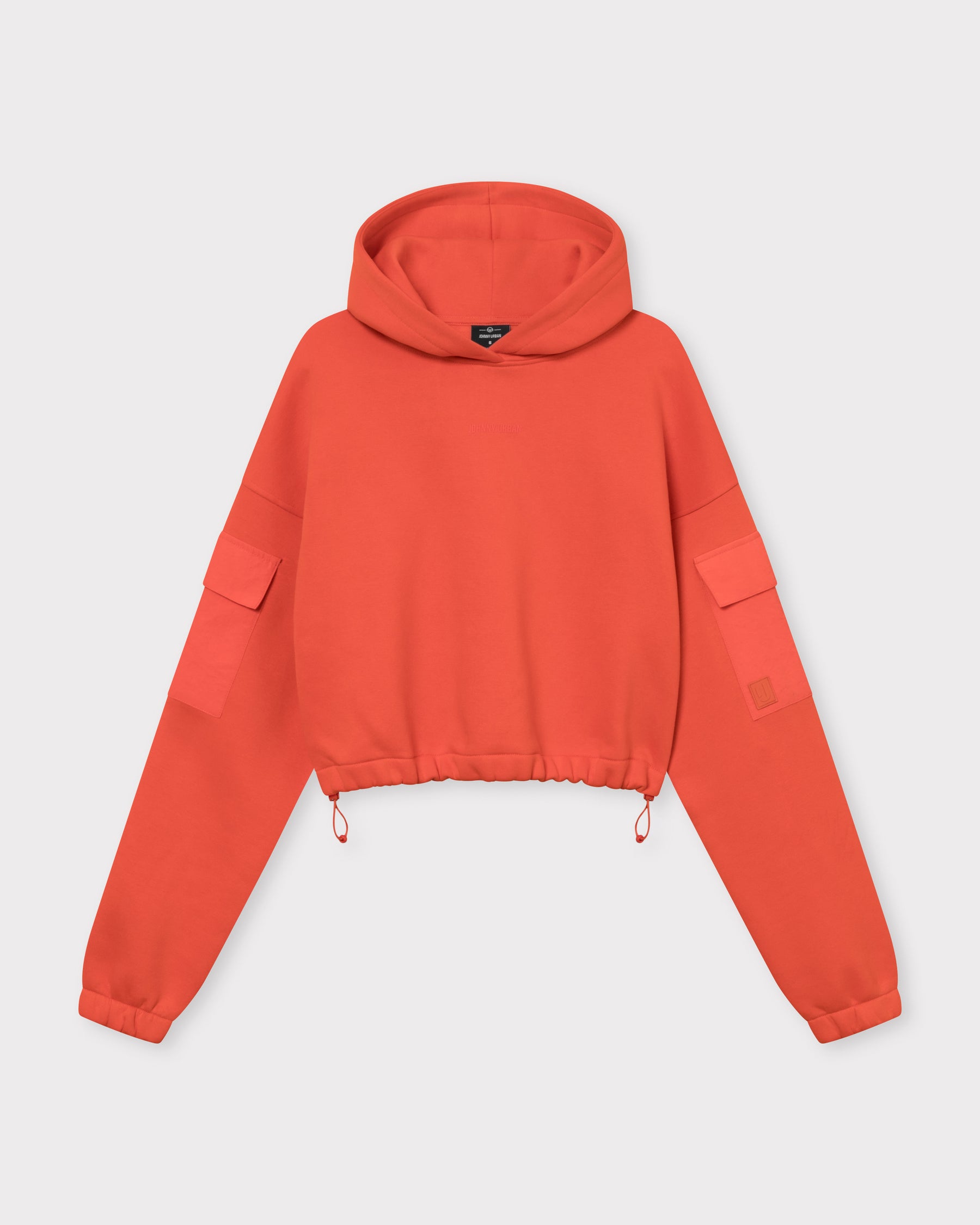 Roter kurzer Kapuzenpullover 'Carly' mit langen Ärmeln und Taschen auf den Oberarmen