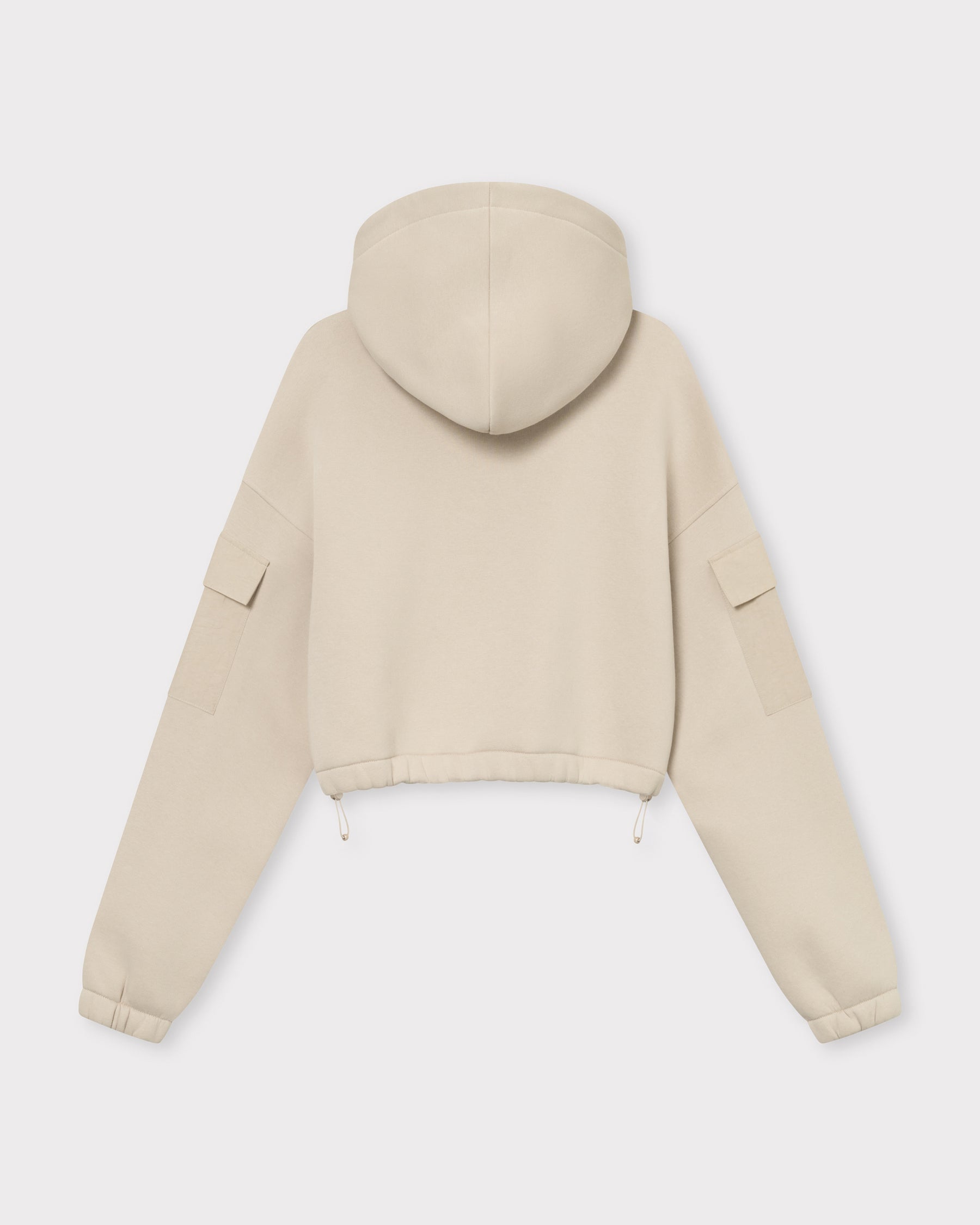 Beige Cropped Hoodie "Carly" für Damen mit Kapuze und Kordelzug am Saum