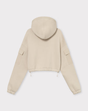 Beige Cropped Hoodie "Carly" für Damen mit Kapuze und Kordelzug am Saum