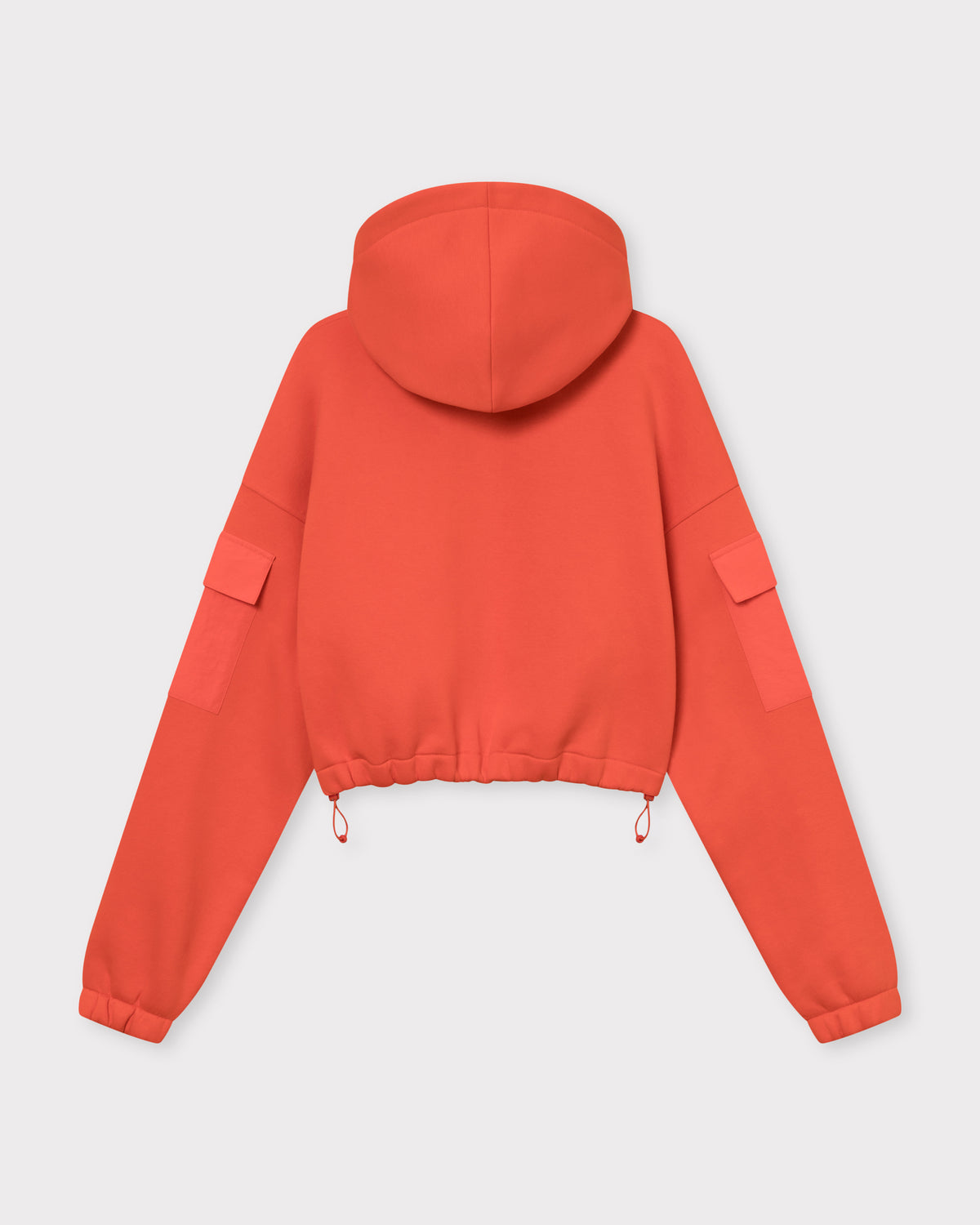 Roter Cropped Hoodie Carly für Damen mit Kapuze, elastischem Saum mit Kordelzug und Taschen am Ärmel