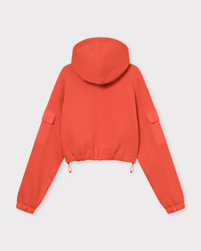 Roter Cropped Hoodie Carly für Damen mit Kapuze, elastischem Saum mit Kordelzug und Taschen am Ärmel