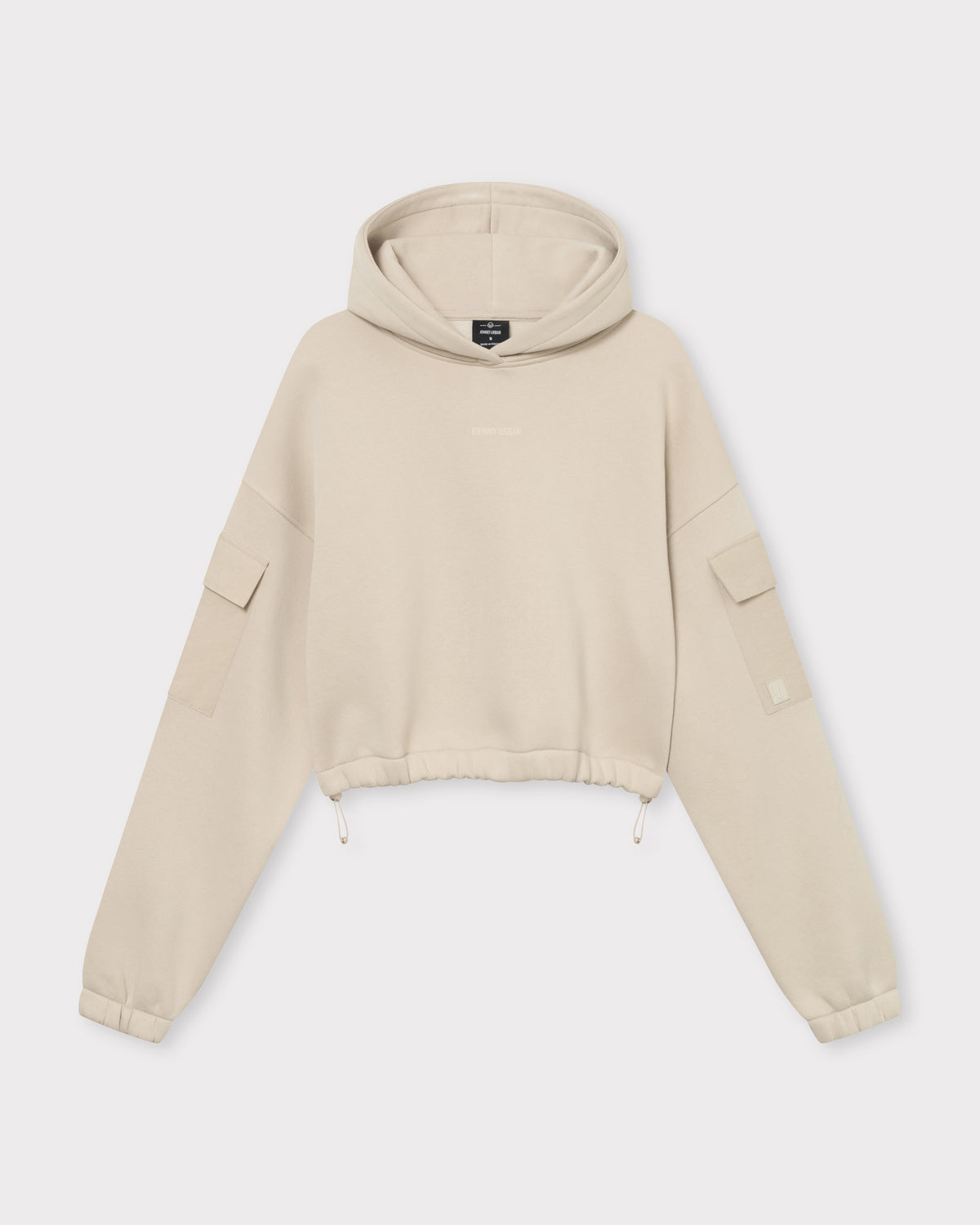 Cropped Hoodie Carly von Johnny Urban in Sandfarbe mit Kapuze, langen Ärmeln und Taschen am Oberarm