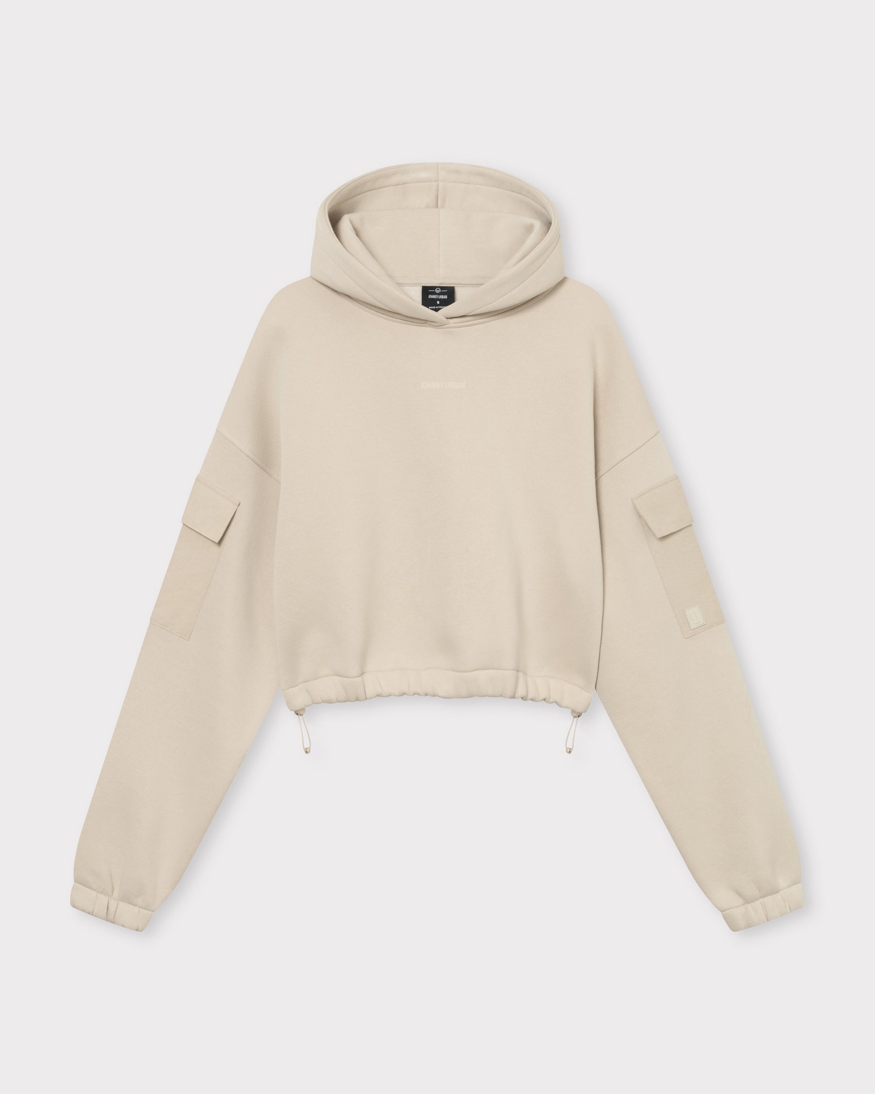 Cropped Hoodie Carly von Johnny Urban in Sandfarbe mit Kapuze, langen Ärmeln und Taschen am Oberarm