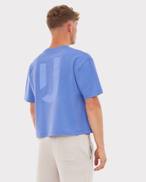 Mann von hinten trägt blau-lila Cropped T-Shirt 'Zoey JU' mit oversized Schnitt und kurzem Ärmel