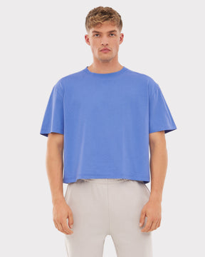 Mann trägt Crop-T-Shirt 'Zoey JU' in blau-lila, oversized, mit kurzen Ärmeln