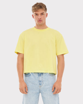 Männliches Modell trägt gelbes Cropped T-Shirt 'Zoey JU' und helle Jeans