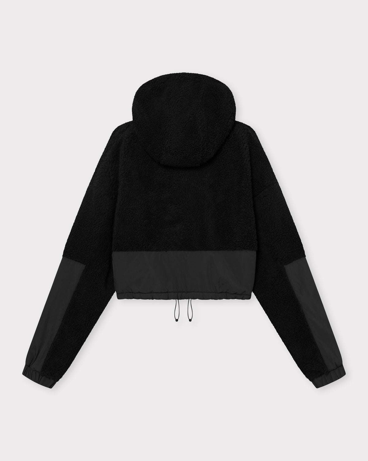 Schwarze Cropped Teddy Fleecejacke 'Carey' mit Kapuze und elastischem Saum