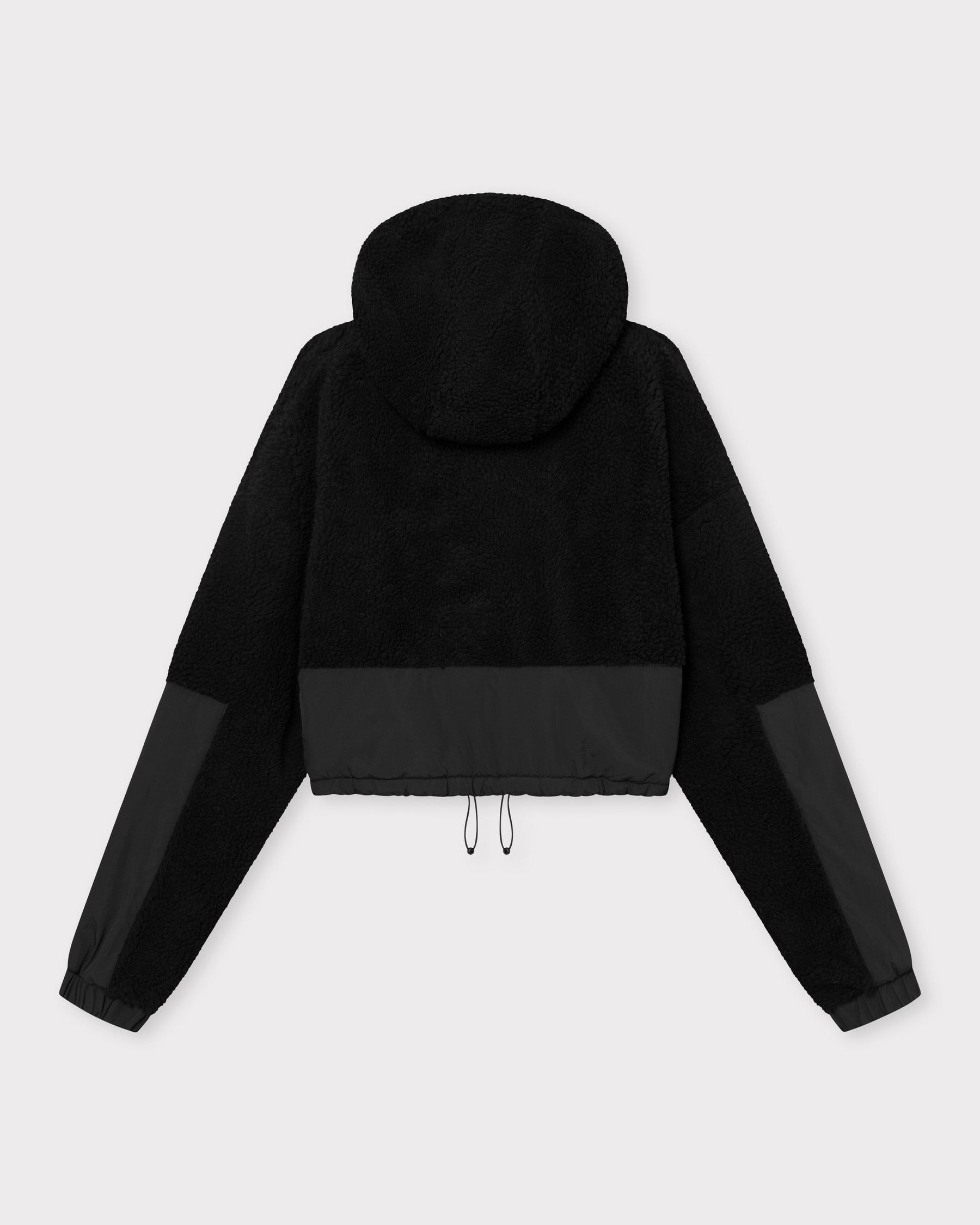 Schwarze Cropped Teddy Fleecejacke 'Carey' mit Kapuze und elastischem Saum