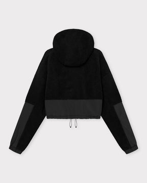 Schwarze Cropped Teddy Fleecejacke 'Carey' mit Kapuze und elastischem Saum