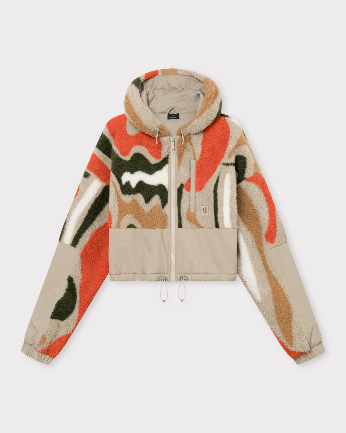 Cropped Teddy Fleecejacke 'Carey' mit mehrfarbigem Muster und beigem Stoff an Saum und Ärmeln