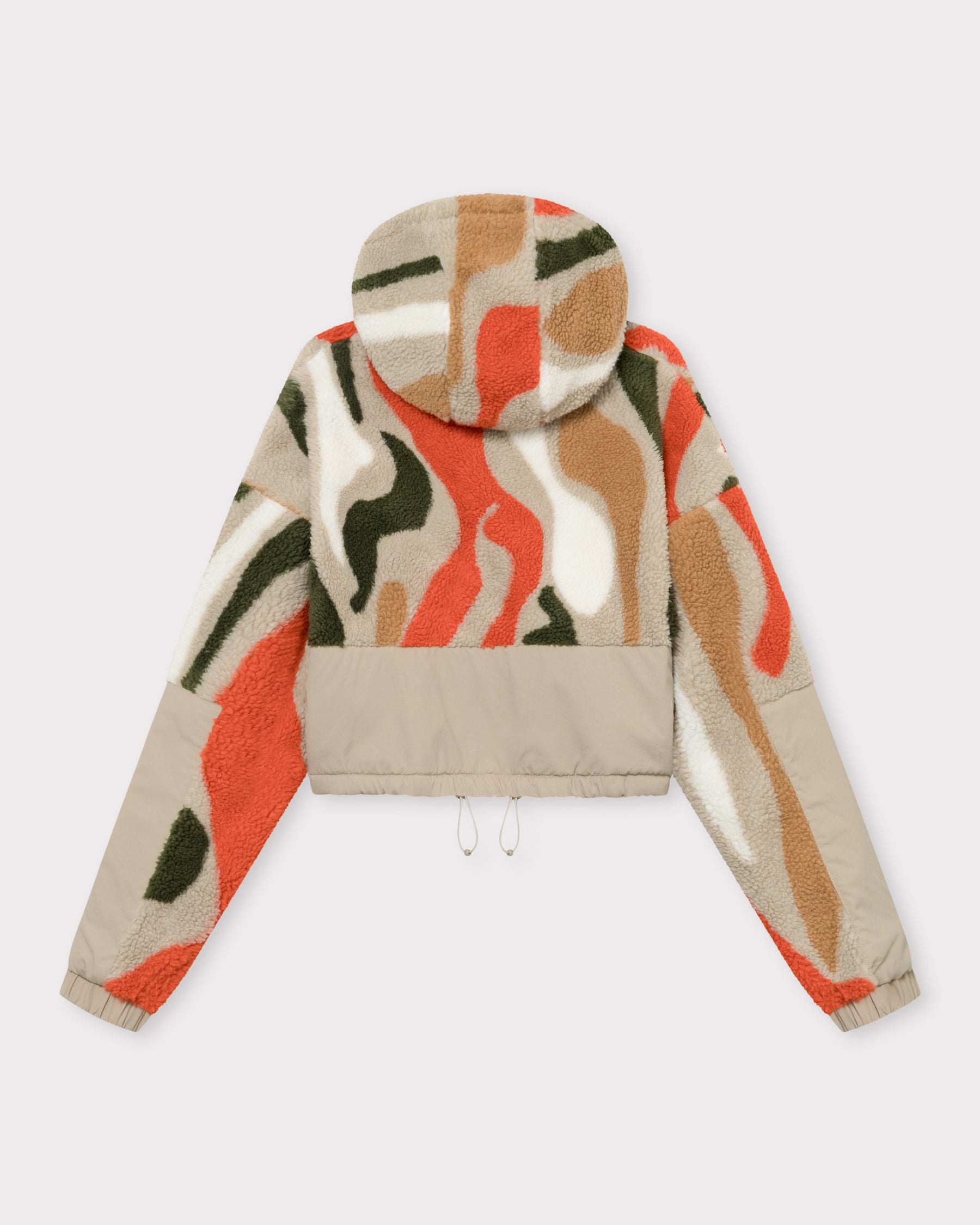 Cropped Teddy Fleecejacke 'Carey' mit mehrfarbigem abstraktem Muster und beigem Einsatz am unteren Rücken