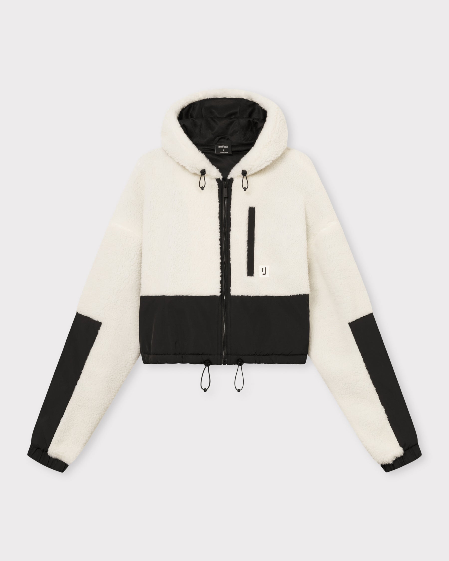 Cropped Teddy Fleecejacke 'Carey' in Creme mit schwarzen Details, durchgehendem Reißverschluss und Kapuze