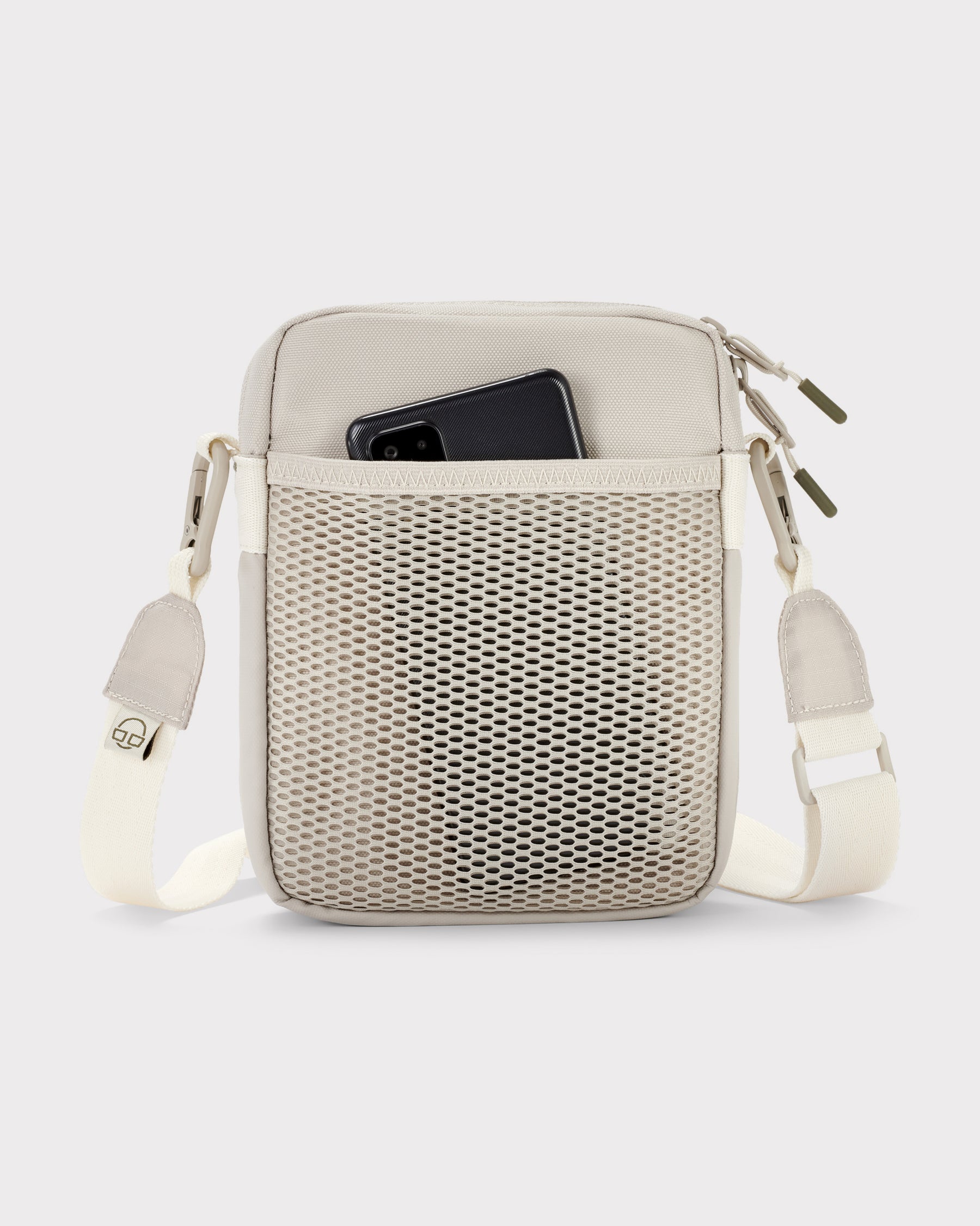 Beige Umhängetasche 'Jayden' mit Netzvordertasche, Smartphone teils sichtbar