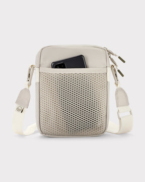 Beige Umhängetasche 'Jayden' mit Netzvordertasche, Smartphone teils sichtbar