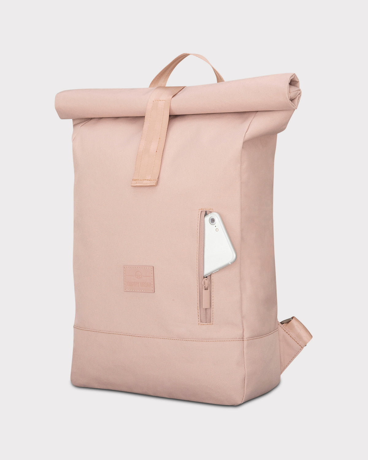Rolltop Rucksack Robin Medium in Rosa mit seitlicher Reißverschlusstasche und Smartphone