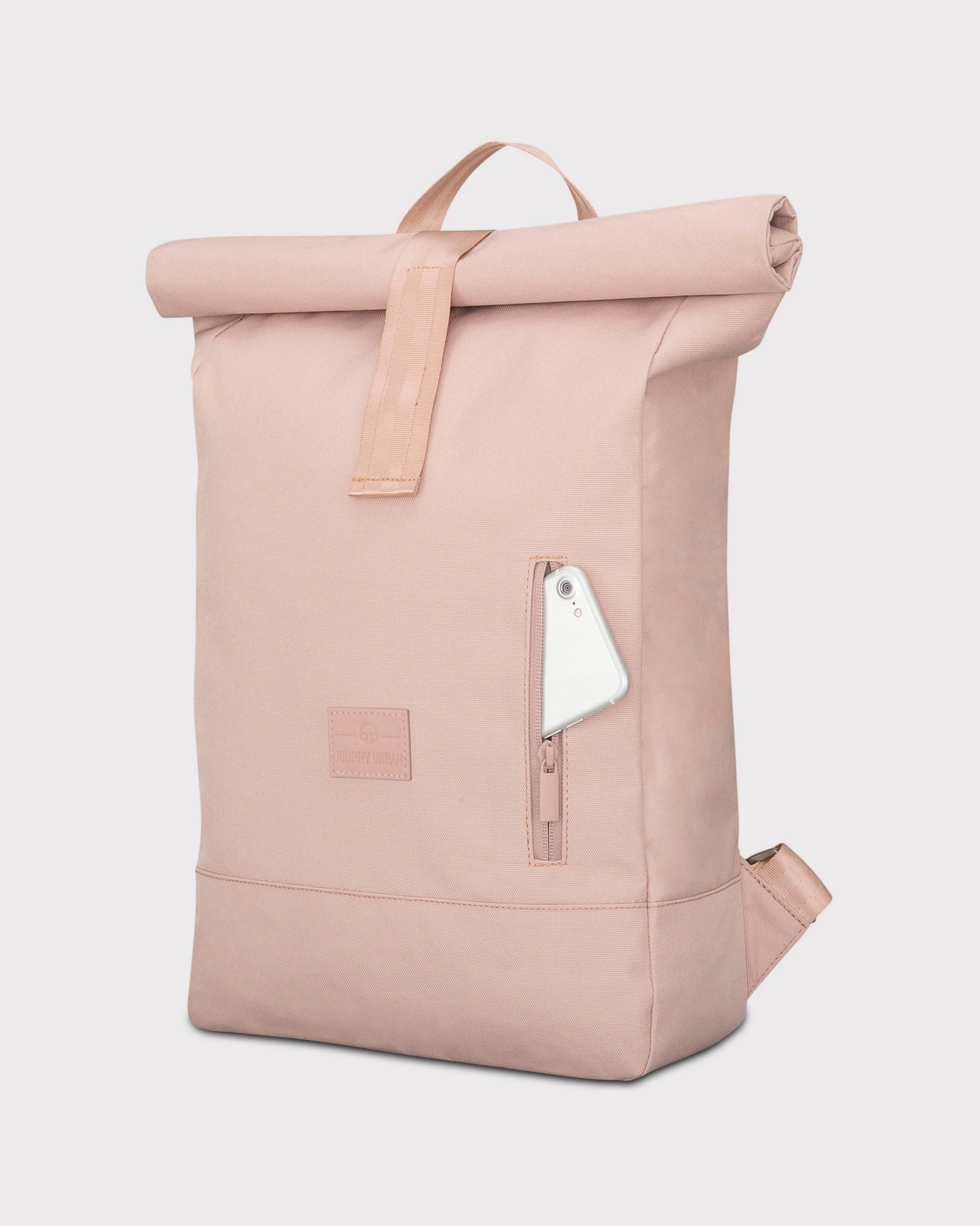 Rolltop Rucksack Robin Medium in Rosa mit seitlicher Reißverschlusstasche und Smartphone