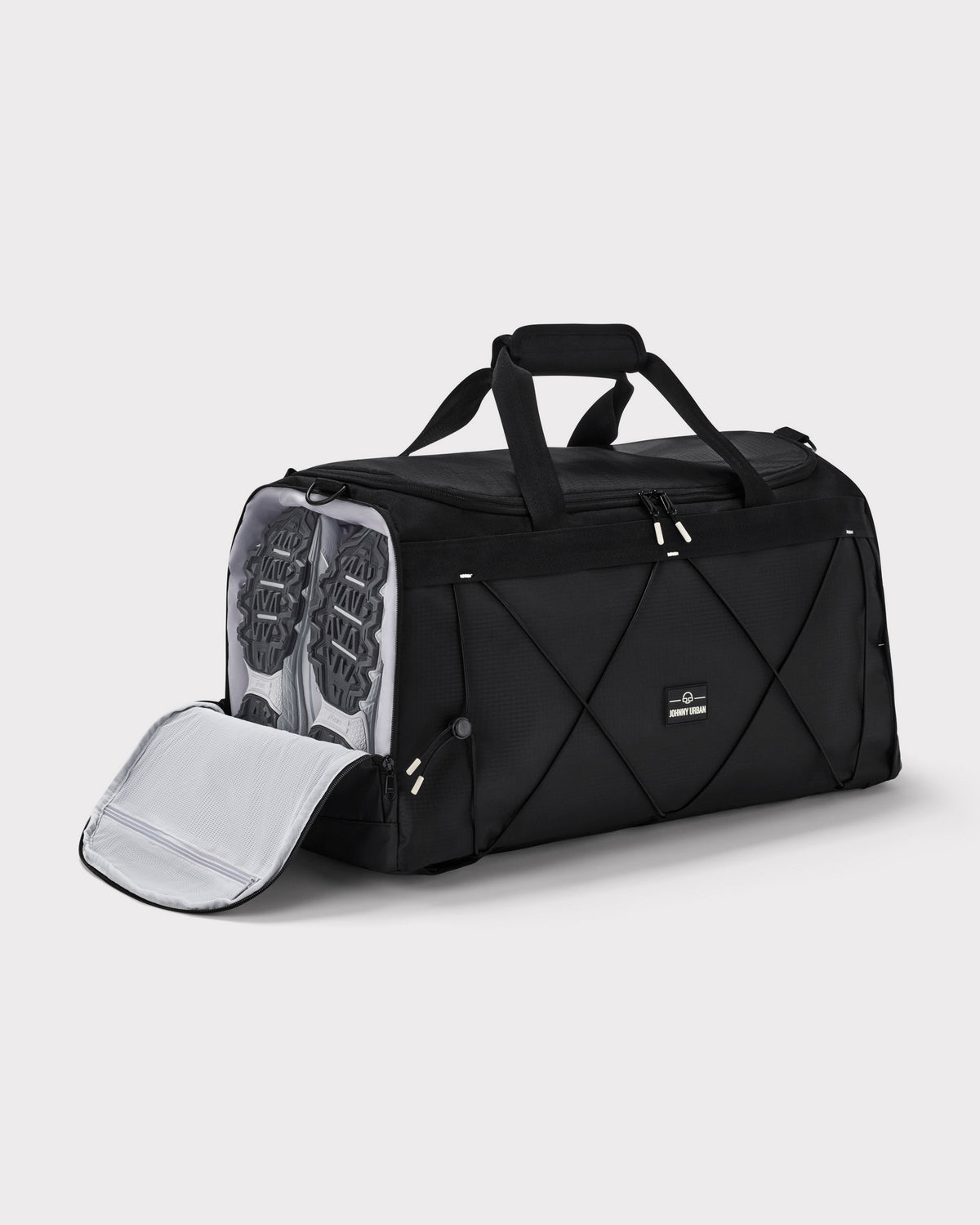 Schwarze Duffle Bag 'Shawn Large' mit separatem Schuhfach und zwei Schuhen im Fach