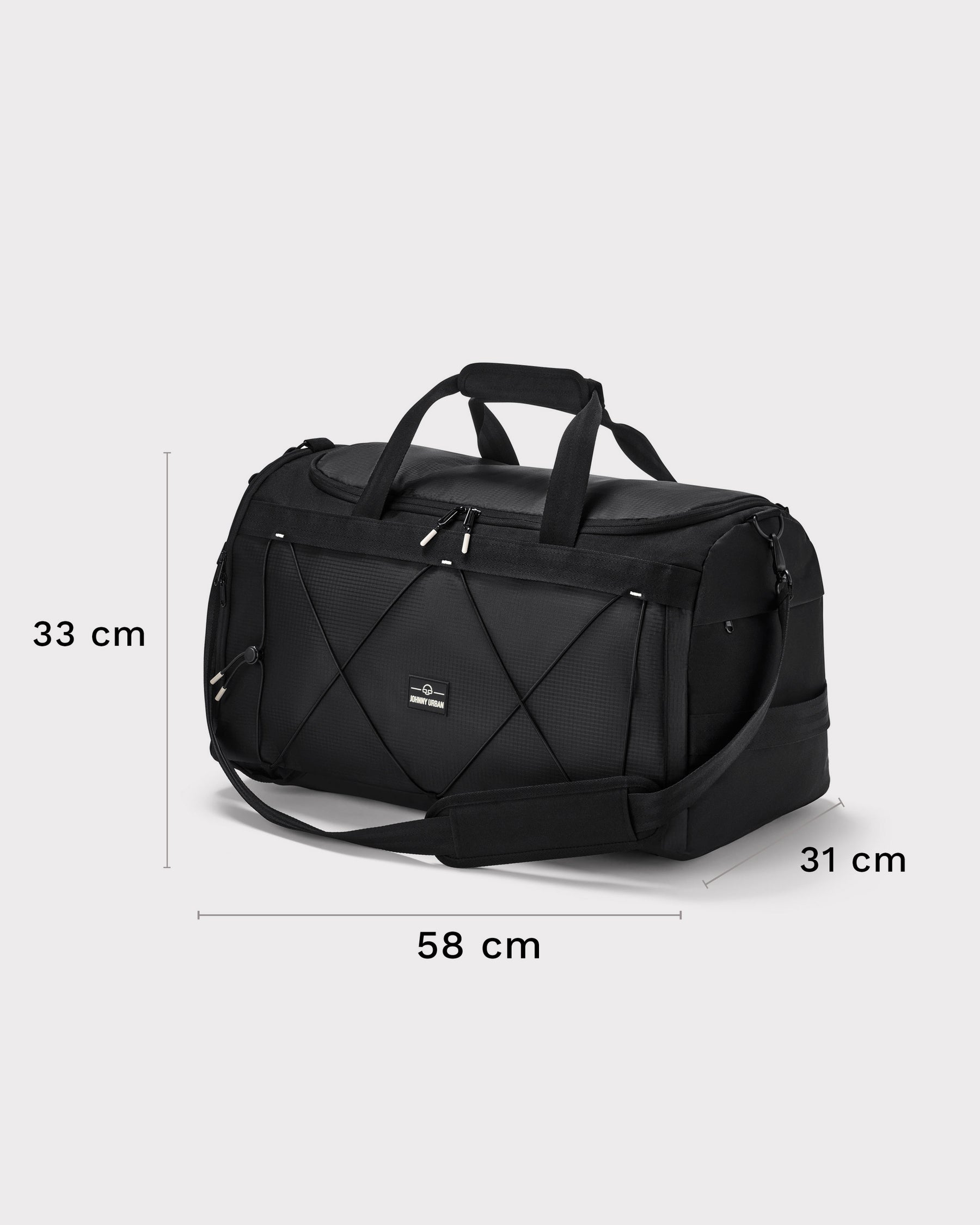 Schwarze große Sporttasche 'Shawn Large' von Johnny Urban mit Griffen und Schultergurt, Maße 58x33x31 cm