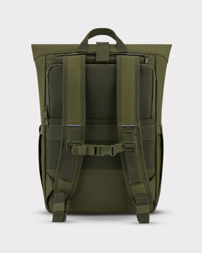 Grüner Rolltop-Fahrradrucksack 'Robin Medium' mit gepolsterten Schultergurten und Rückenbelüftung