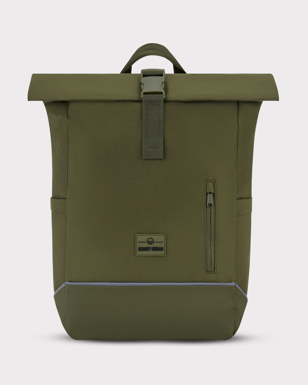 Rolltop Rucksack 'Robin Medium' von Johnny Urban in Olivgrün mit reflektierendem Streifen und Fronttasche mit Reißverschluss