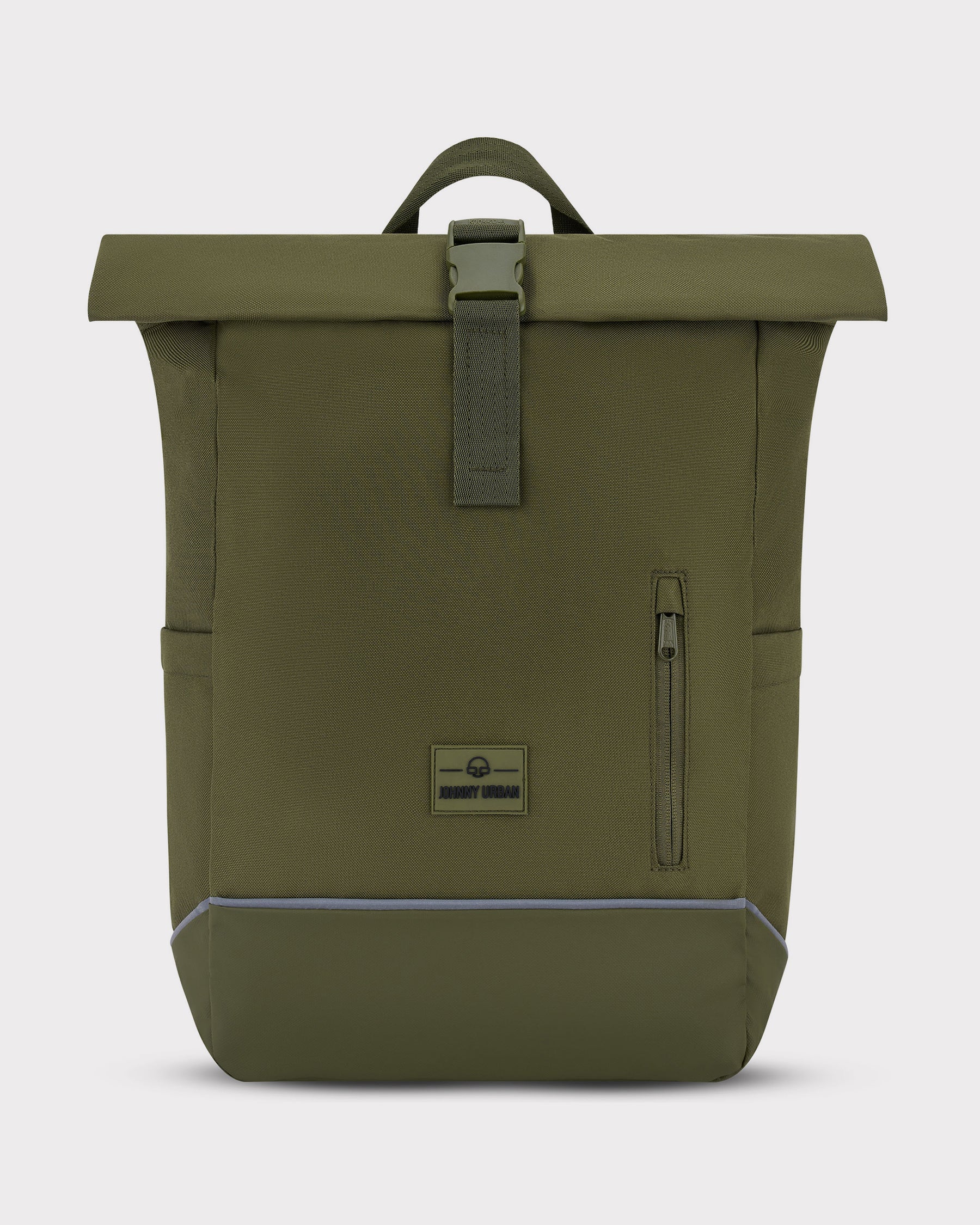 Rolltop Rucksack 'Robin Medium' von Johnny Urban in Olivgrün mit reflektierendem Streifen und Fronttasche mit Reißverschluss