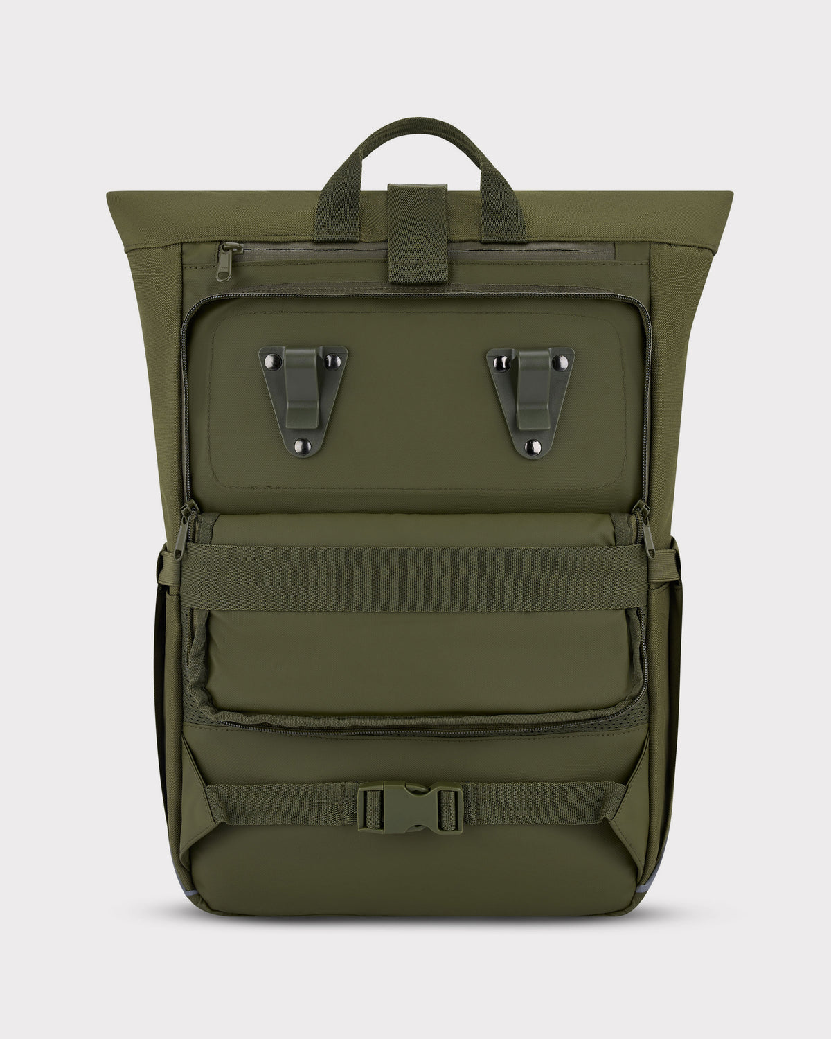 Olivefarbener Rolltop Rucksack 'Robin Medium' mit Clips und Gurten für Fahrradmontage
