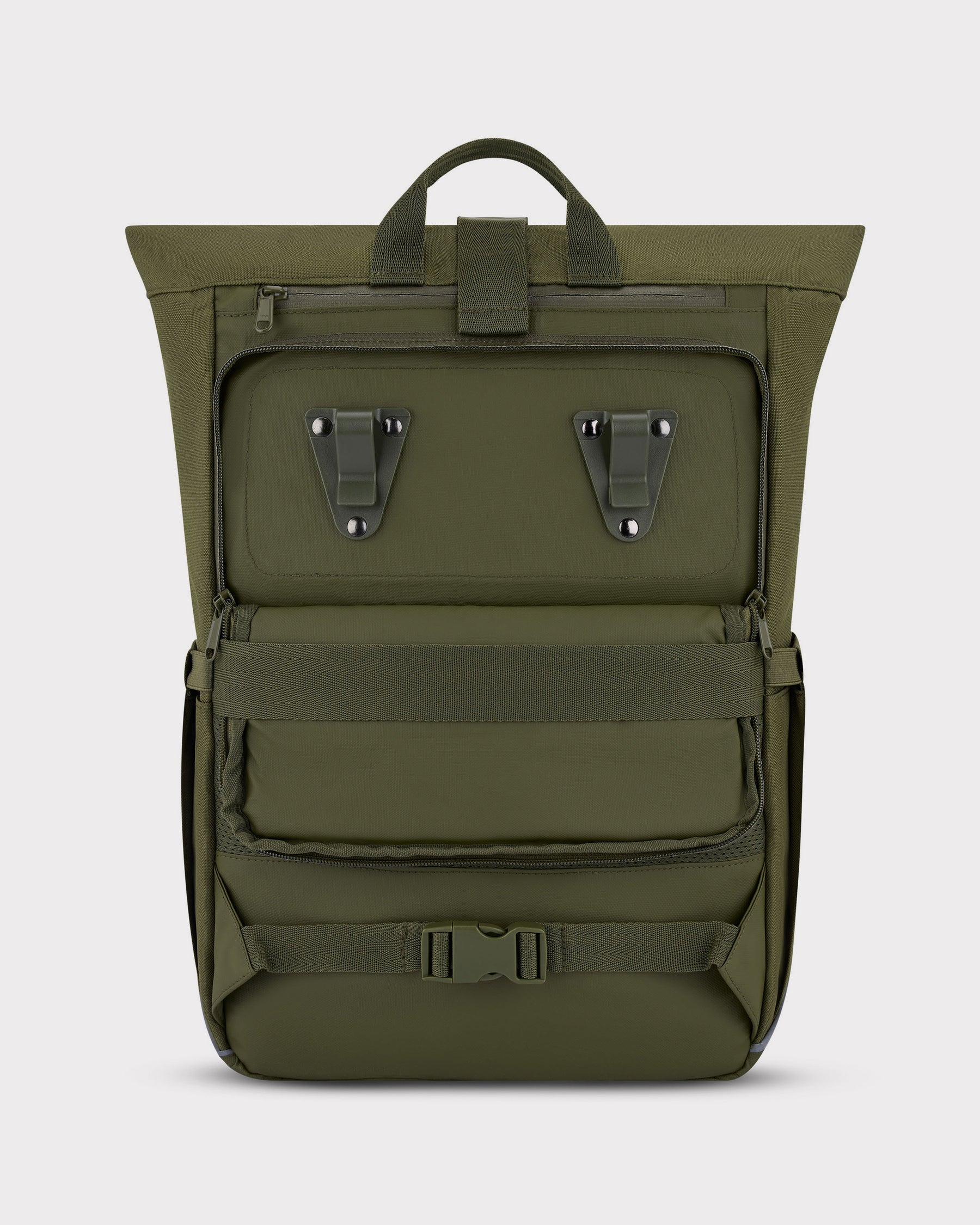 Olivefarbener Rolltop Rucksack 'Robin Medium' mit Clips und Gurten für Fahrradmontage