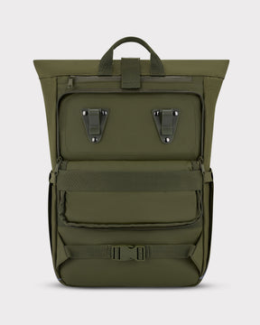 Olivefarbener Rolltop Rucksack 'Robin Medium' mit Clips und Gurten für Fahrradmontage