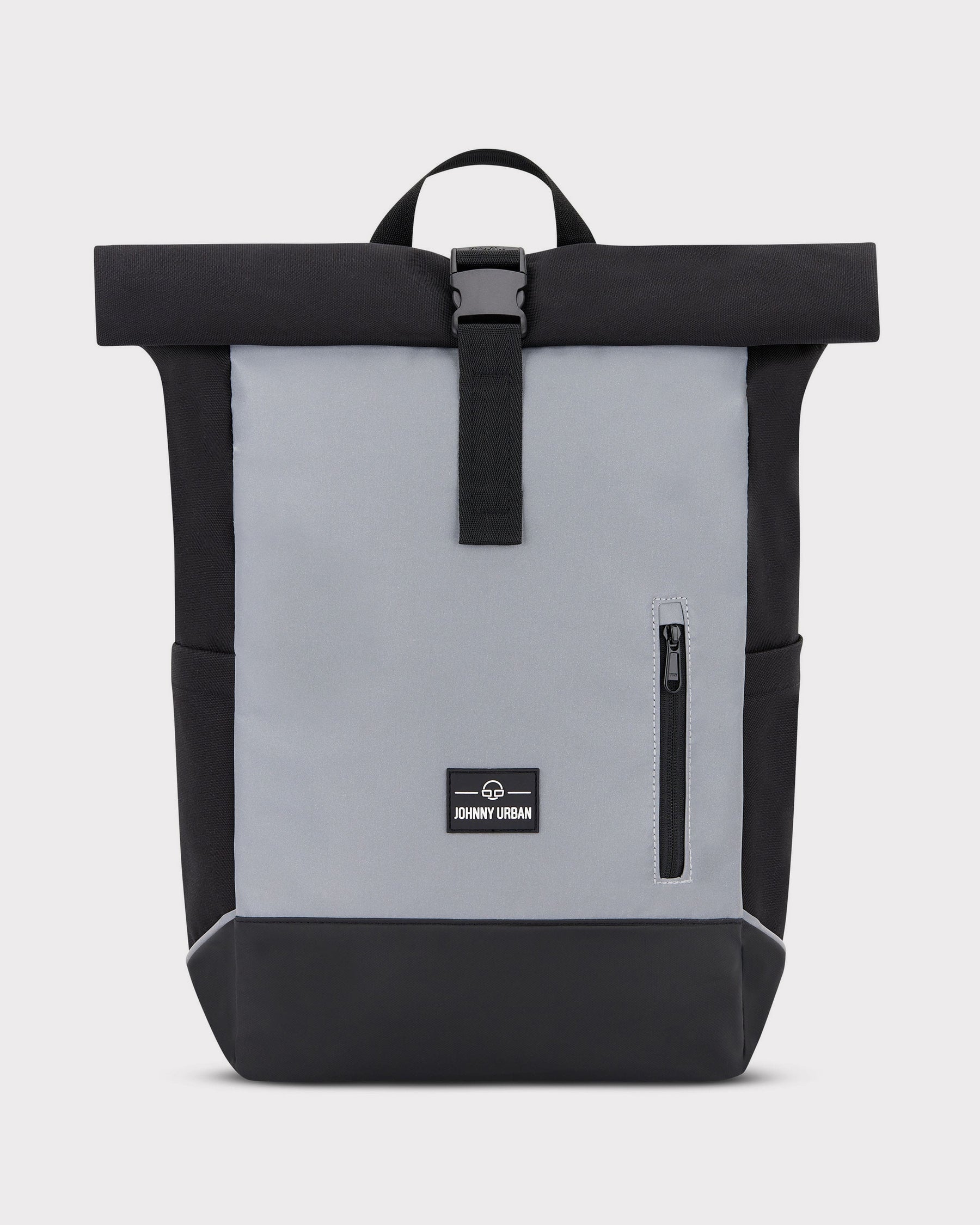 Reflektierender Rolltop Rucksack 'Robin Medium' von Johnny Urban in Grau und Schwarz mit Frontreißverschluss