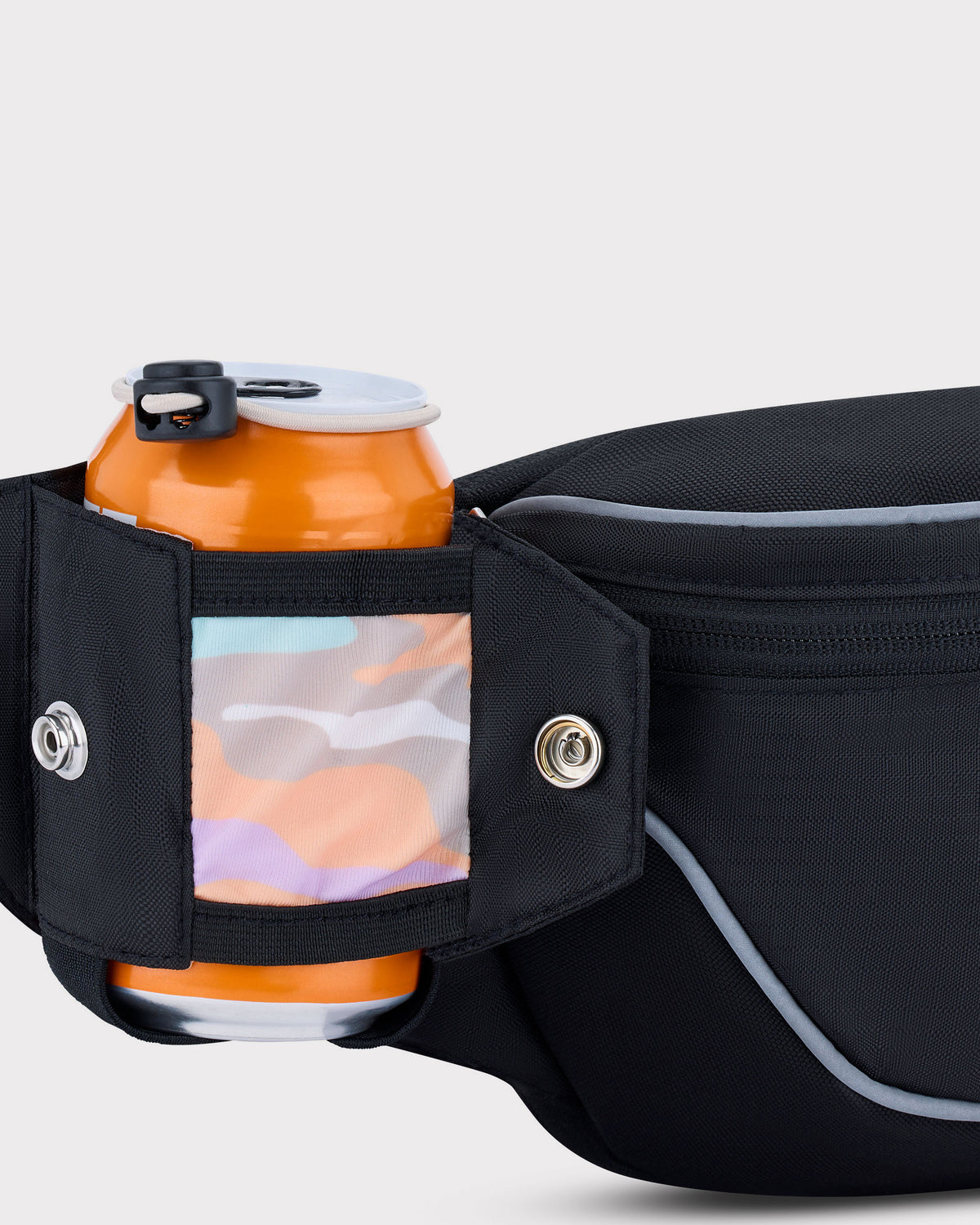 Schwarze 2in1 Bauchtasche 'Jimmy' mit aufklappbarem Getränkehalter und orangefarbener Dose