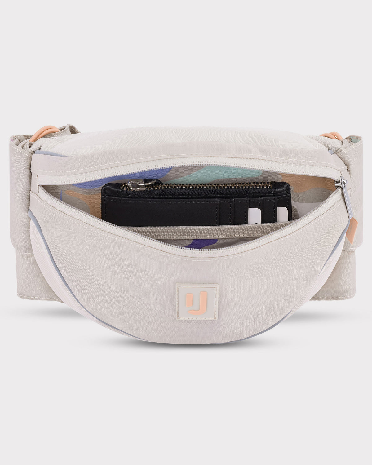 Johnny Urban 2in1 Bauchtasche Jimmy in Beige mit offenem Reißverschluss und sichtbarem schwarzen Geldbeutel