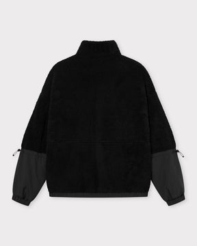 Schwarze Teddy Fleecejacke 'Carson' mit Stehkragen und Ärmeln aus glattem Stoff mit Kordelzug