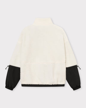 Rückansicht der Teddy Fleecejacke 'Carson' in Creme mit schwarzen Ärmeln und elastischem Saum