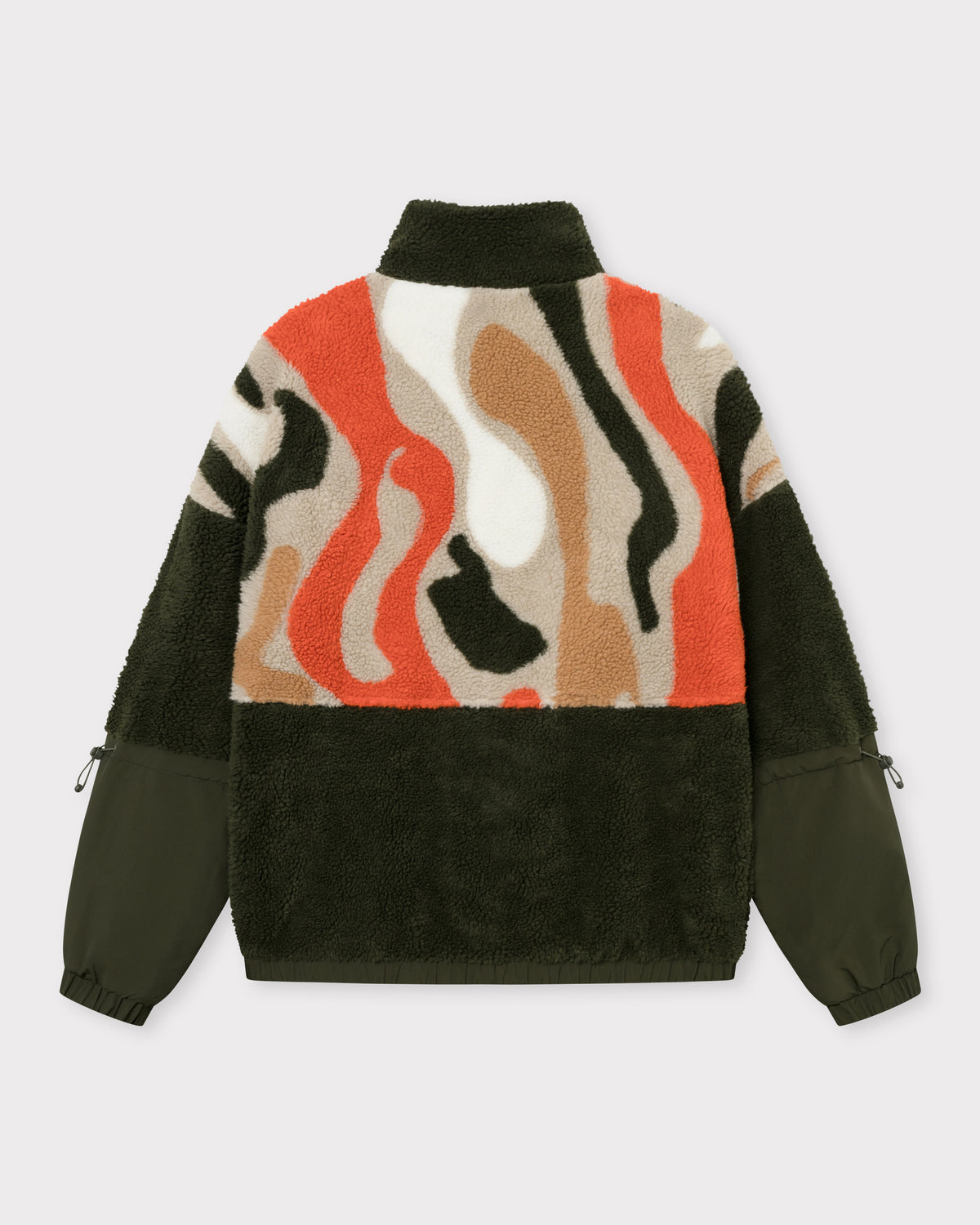 Teddy Fleecejacke 'Carson' mit abstraktem Muster in Olivgrün, Beige, Orange und Schwarz, Ärmel aus glattem Stoff