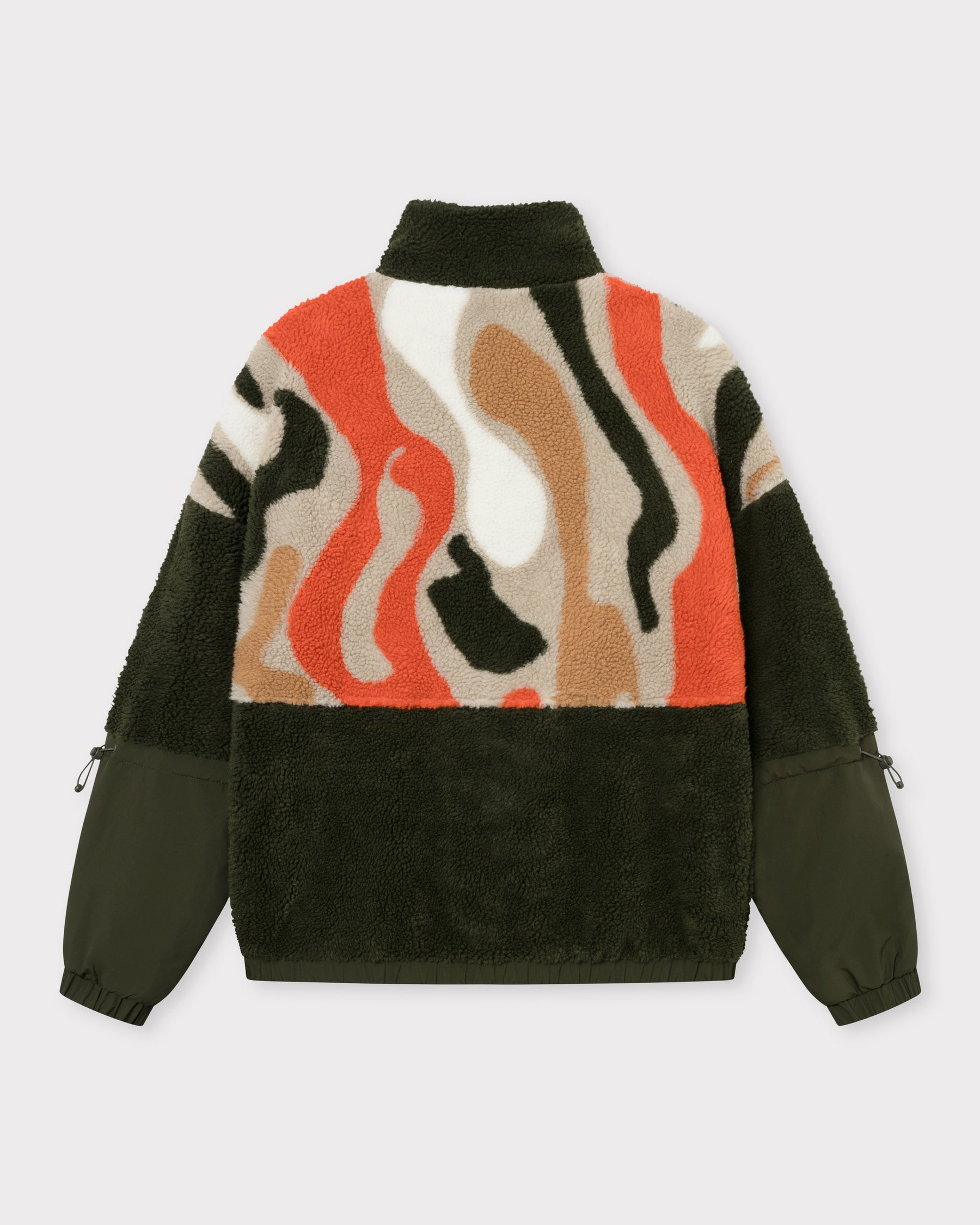 Teddy Fleecejacke 'Carson' mit abstraktem Muster in Olivgrün, Beige, Orange und Schwarz, Ärmel aus glattem Stoff