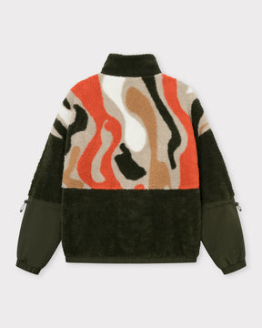 Teddy Fleecejacke 'Carson' mit abstraktem Muster in Olivgrün, Beige, Orange und Schwarz, Ärmel aus glattem Stoff