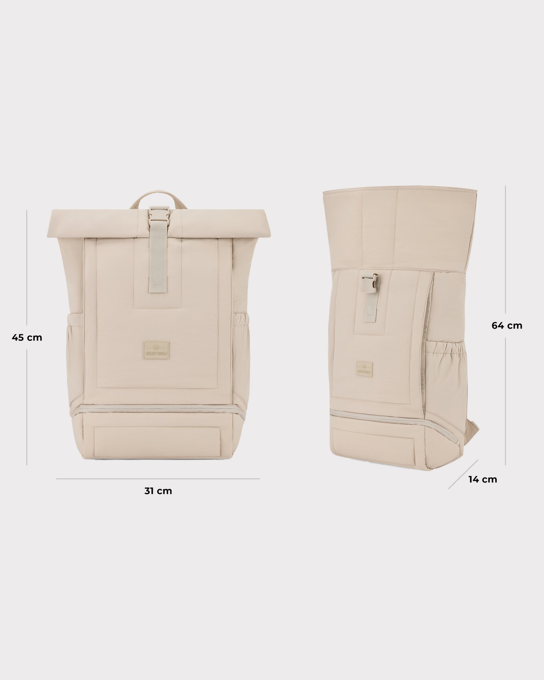 Großer gepolsterter Rolltop-Rucksack 'Kyle' von Johnny Urban in Beige, mit Maßen 45x31x14 cm, geöffnet 64 cm hoch