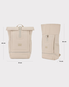 Großer gepolsterter Rolltop-Rucksack 'Kyle' von Johnny Urban in Beige, mit Maßen 45x31x14 cm, geöffnet 64 cm hoch
