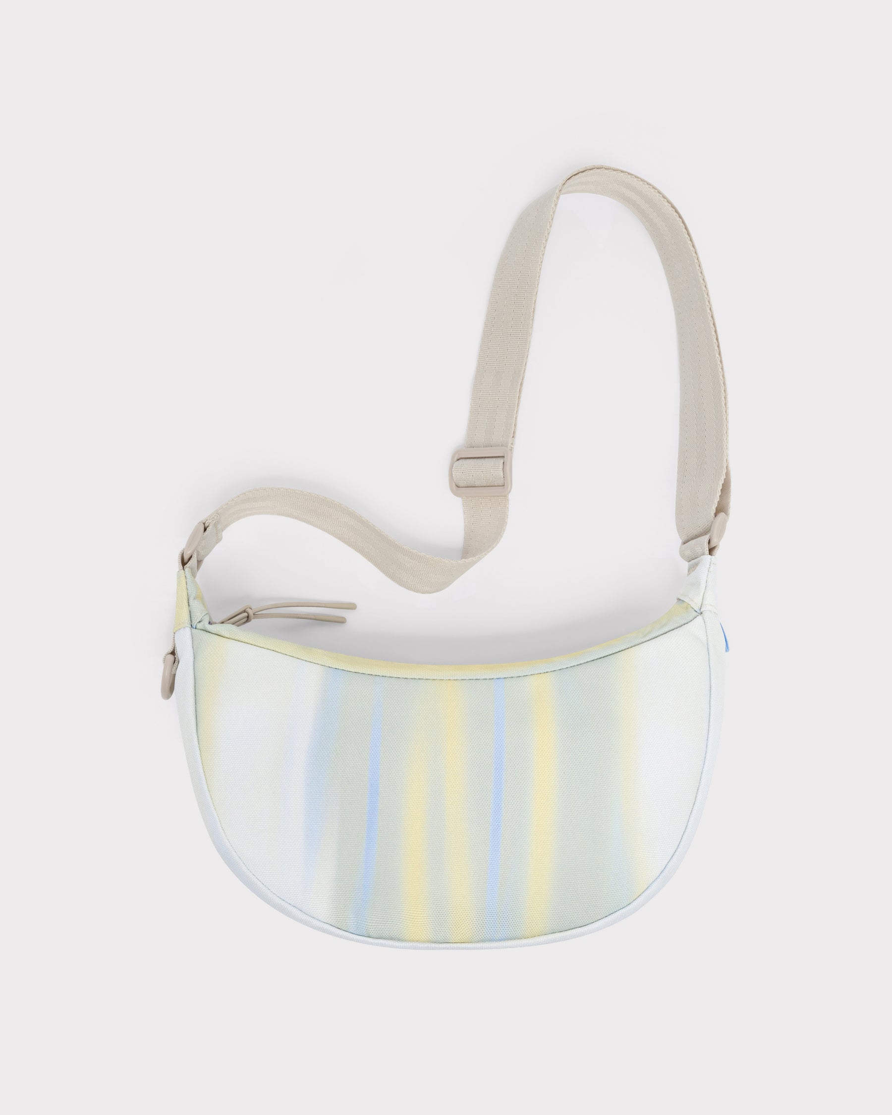 Halbmondtasche 'Ally Small' mit verstellbarem Sandfarbenen Gurt und feinen blau-gelben Streifen