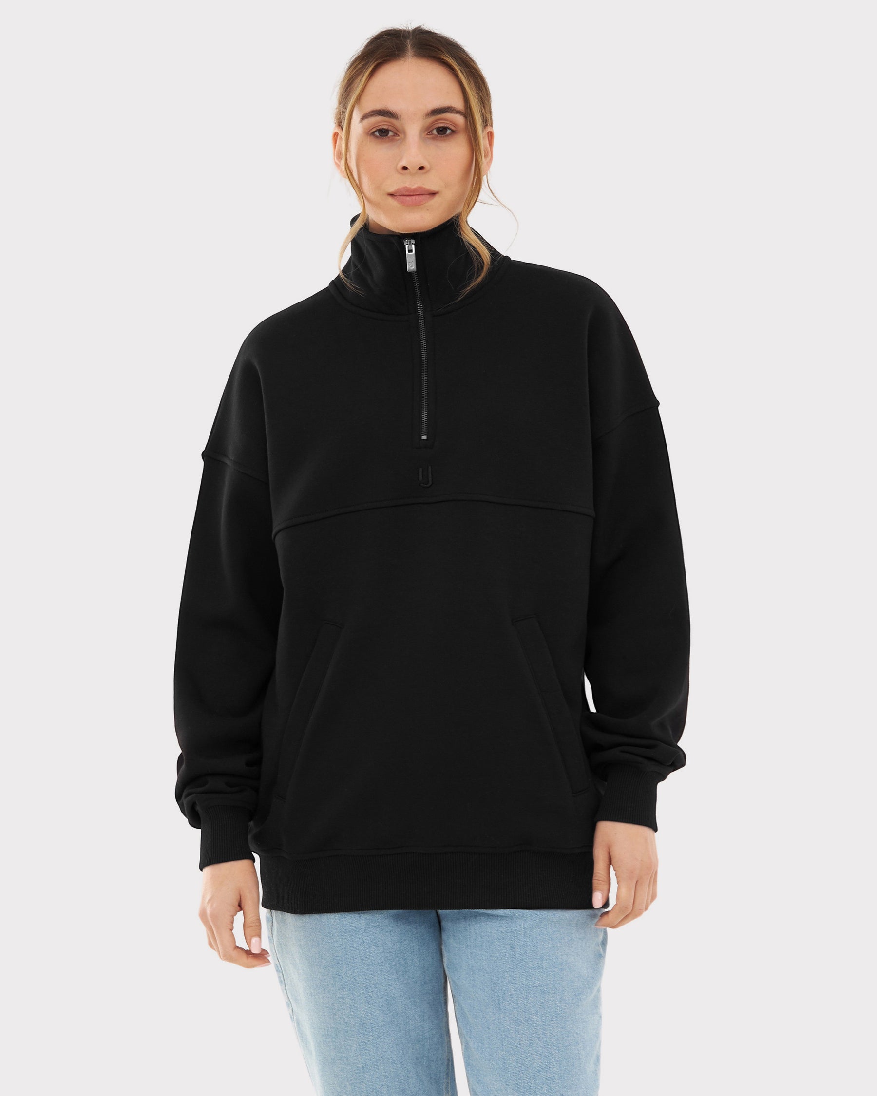Schwarzer Damen-Half-Zip-Pullover 'Cooper' mit hohem Kragen und Kängurutasche