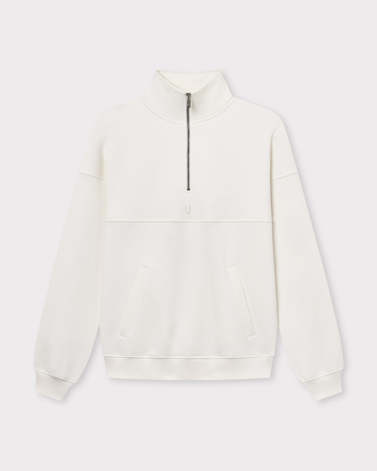 Cremeweißer Unisex-Halb-Zip-Sweatshirt 'Cooper' mit hohem Kragen und zwei Taschen